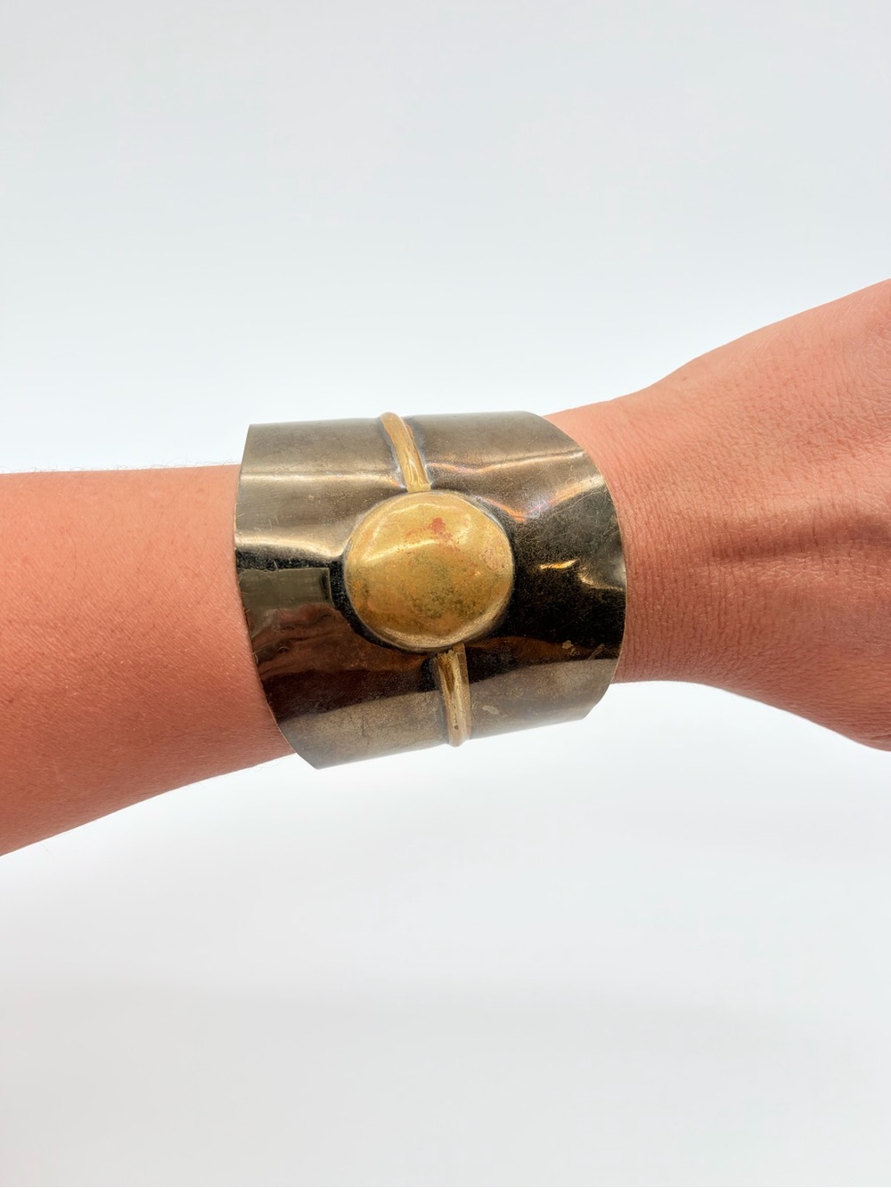 Vintage Wide Silver Tone Cuff Bracelet Gold Accent Made in India